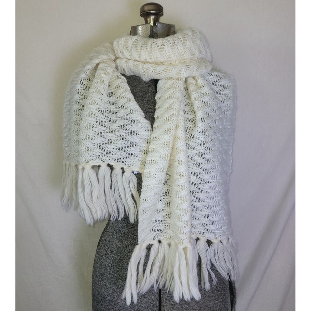 Vintage 60s 70s Glentex Wool Scarf Large Knit Fringe White Ivory Unique Chevron
